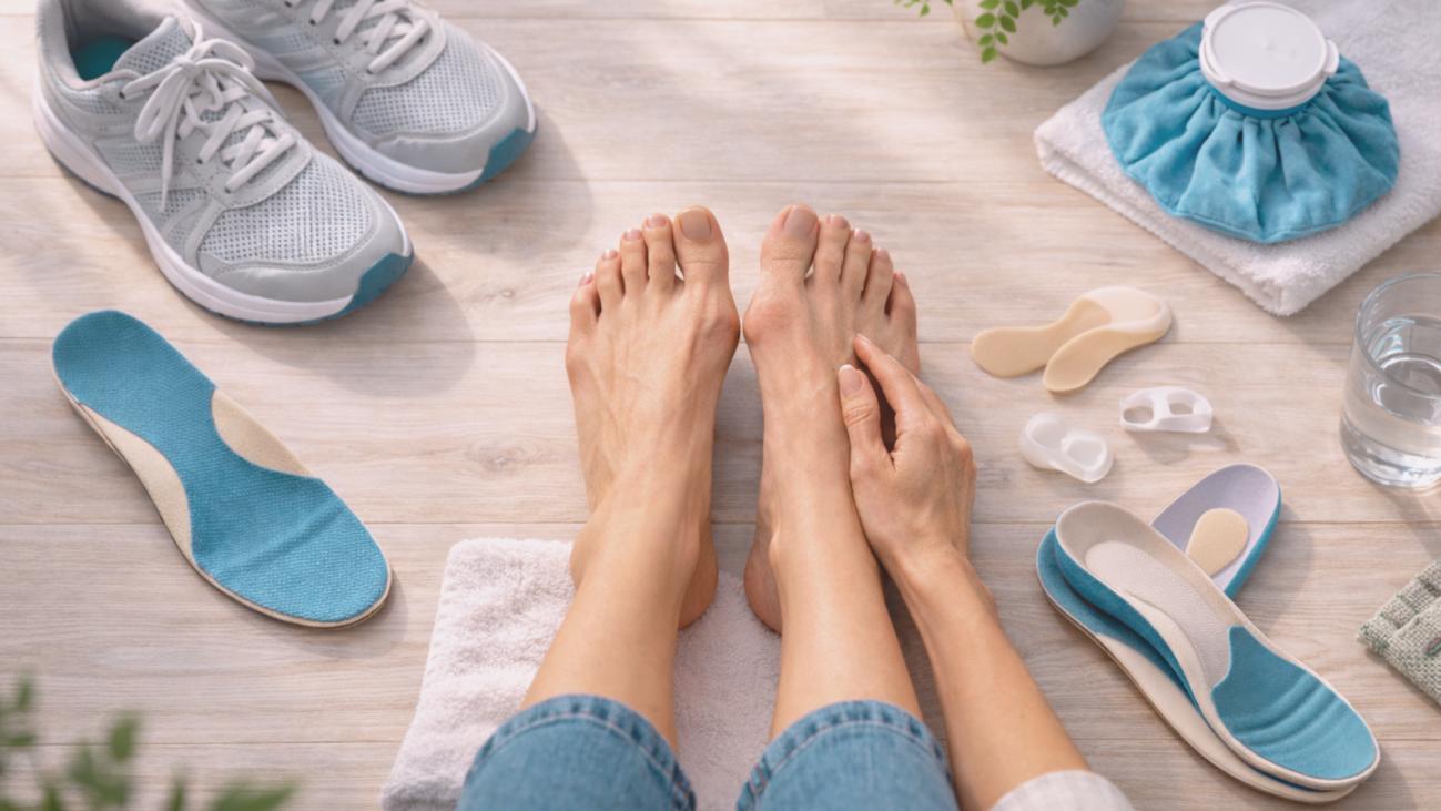 Top-down view of moderate bunion and bunion pain relief tools