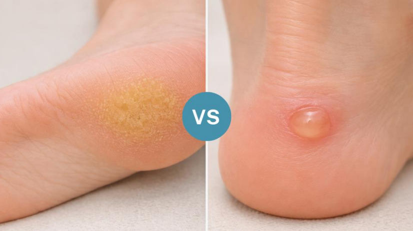 Callus vs blister showing thick skin and small fluid blister on foot