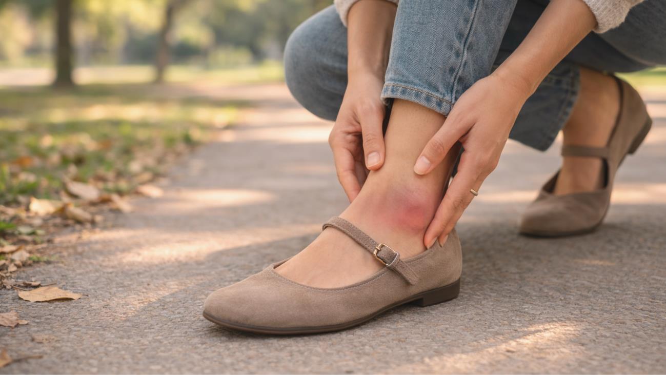 Woman holding ankle after sprain injury on park path