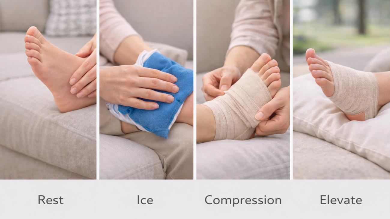 RICE method care steps for a sprained ankle